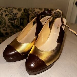 Manuela Albano Platform Slingback Brown Gold Leather Block Heel IT 42/US 10.5-11